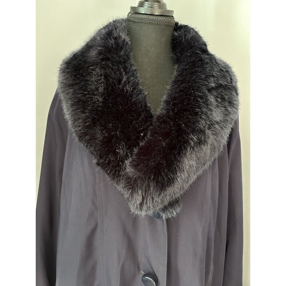 Jacques Vert Purple Plum Long Overcoat Button Up Faux Fur Trim Women’s - Picture 3 of 11